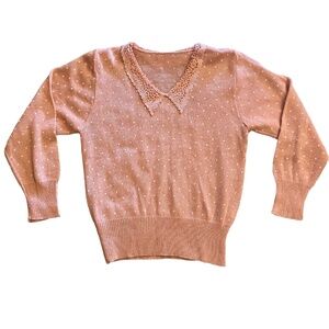 Vintage Inspired Polka Dot Knit Sweater Pink Peter Pan Lace Collar
